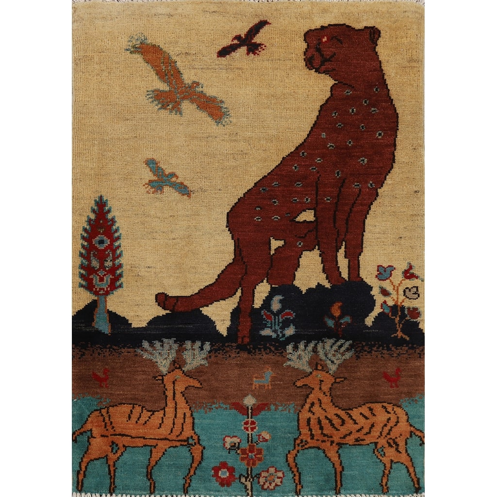 Animals Pictorial Kazak Oriental Foyer Rug Hand-Knotted Wool Carpet - 2'0" x 3'0"