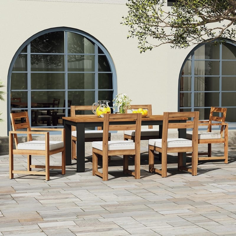 Acacia Wood 7 Piece Patio Dining Table and Chairs Set with Umbrella Hole for Outdoor Gatherings and Relaxation