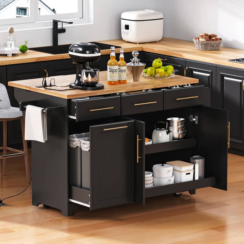 59.3"Kitchen Island with Storage, 2 Pull Out Cabinet Organizers & Rubber Wood Drop Leaf, Power Outlet, Spice & Towel Rack