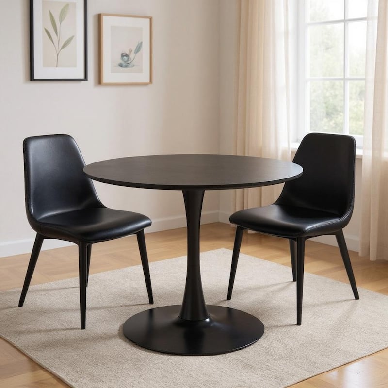 HomeRoots 36" Black Wood and Steel Pedestal Base Round Top Dining Table - 36.00 in. x 30.30 in. x 36.00 in. - Black - 36.00 in. x 30.30 in.  x 36.00 in.
