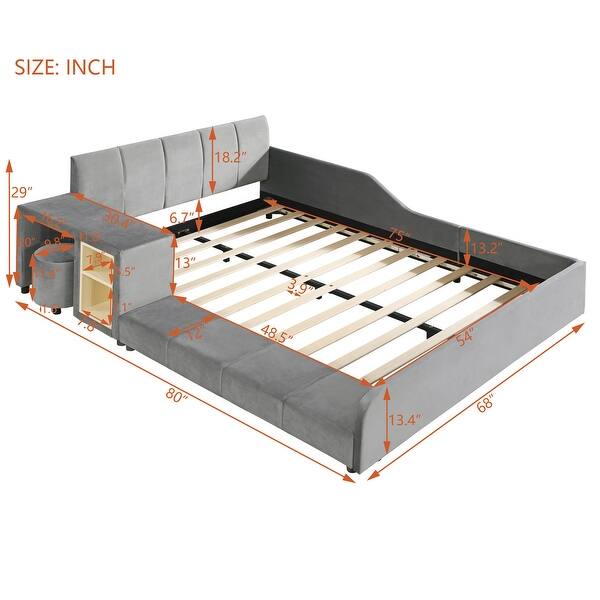 Full Size Upholstered Mother & Child Platform Bed w/ Bedside Desk & Little Round Stool