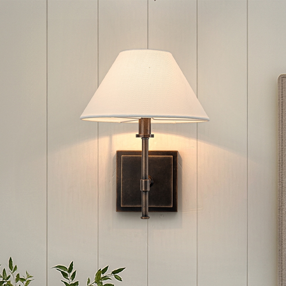 Modern Bronze 1-Light Fabric Shade Wall Sconces Farmhouse White Linen Tapered Shade Sconce For Bathroom Mirror Hallway