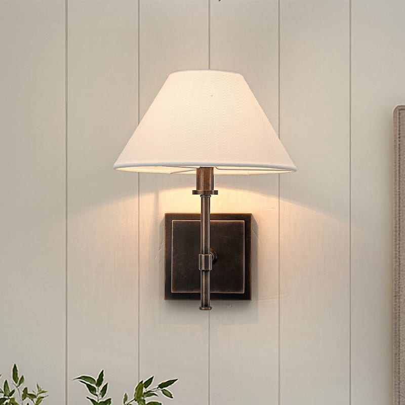 Modern Bronze 1-Light Fabric Shade Wall Sconces Farmhouse White Linen Tapered Shade Sconce For Bathroom Mirror Hallway - W9'' - W9''