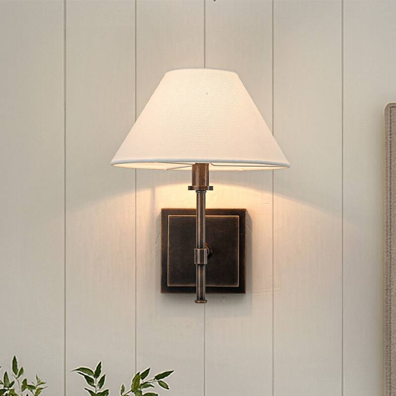 Modern Bronze 12'' Tall Fabric Shade Wall Sconces Farmhouse White Linen Tapered Shade Sconce(2 Pack) - W9"