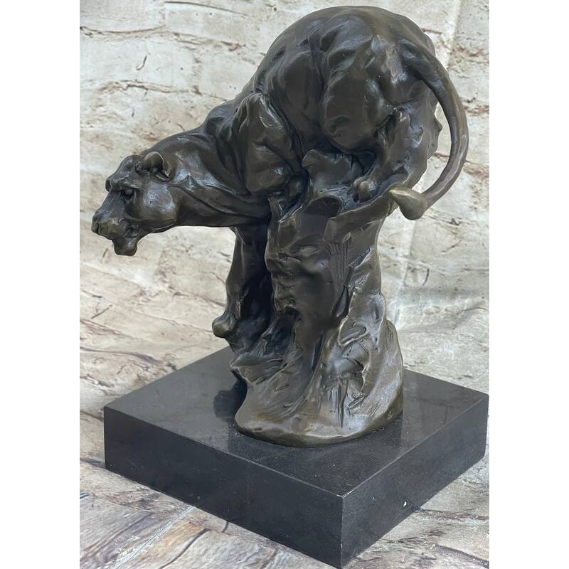 Pouncing Cougar Mountain Lion Cat Bronze Statue Sculpture Figure 11.5 Inches X 12 Inches