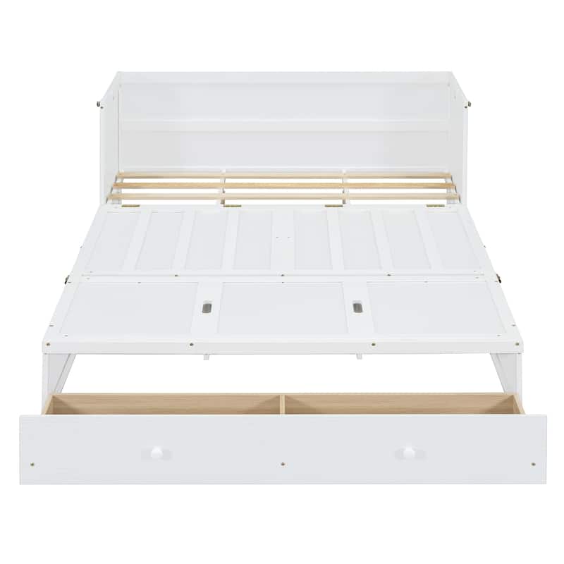 Queen Size Murphy Bed with USB Port, Large Drawer, and Space-Saving Design, White