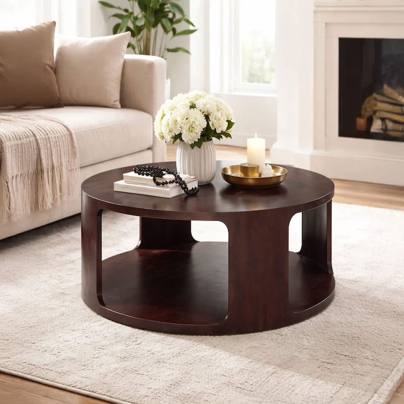 Bard Coffee Table, 38 Inch Round Top with Shelf, Walnut Brown Mango Wood Sculptural Frame