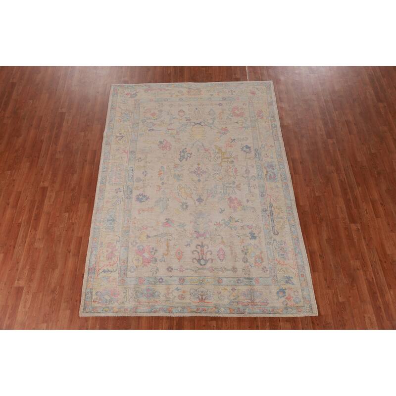 Hand Knotted Oriental 100% Wool Carpet Transitional All-Over Peach Oushak Area Rug - 8' 10'' X 6' 3''