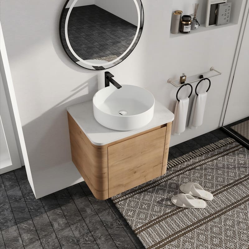 Malwee 24"/30" Floating Bathroom Vanity, Wall Mounted Bathroom Vanity with Ceramic Sink and Soft Close Door - 23.6"×18.5"×24.4" - Brown-Glossy White Sink