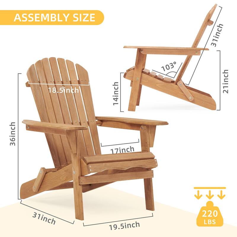 Set of 2 Solid Wood Foldable Adirondack Chairs with Wide Armrests for Outdoor Patio Seating - 19.5”L x 31"W x 36" H