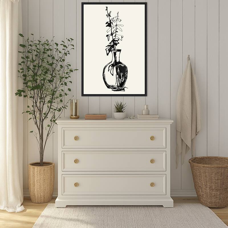 Leaves in a vase ink sketch by Rosana Laiz Blursbyai (23 x 33 in.), Framed Canvas Wall Art Print