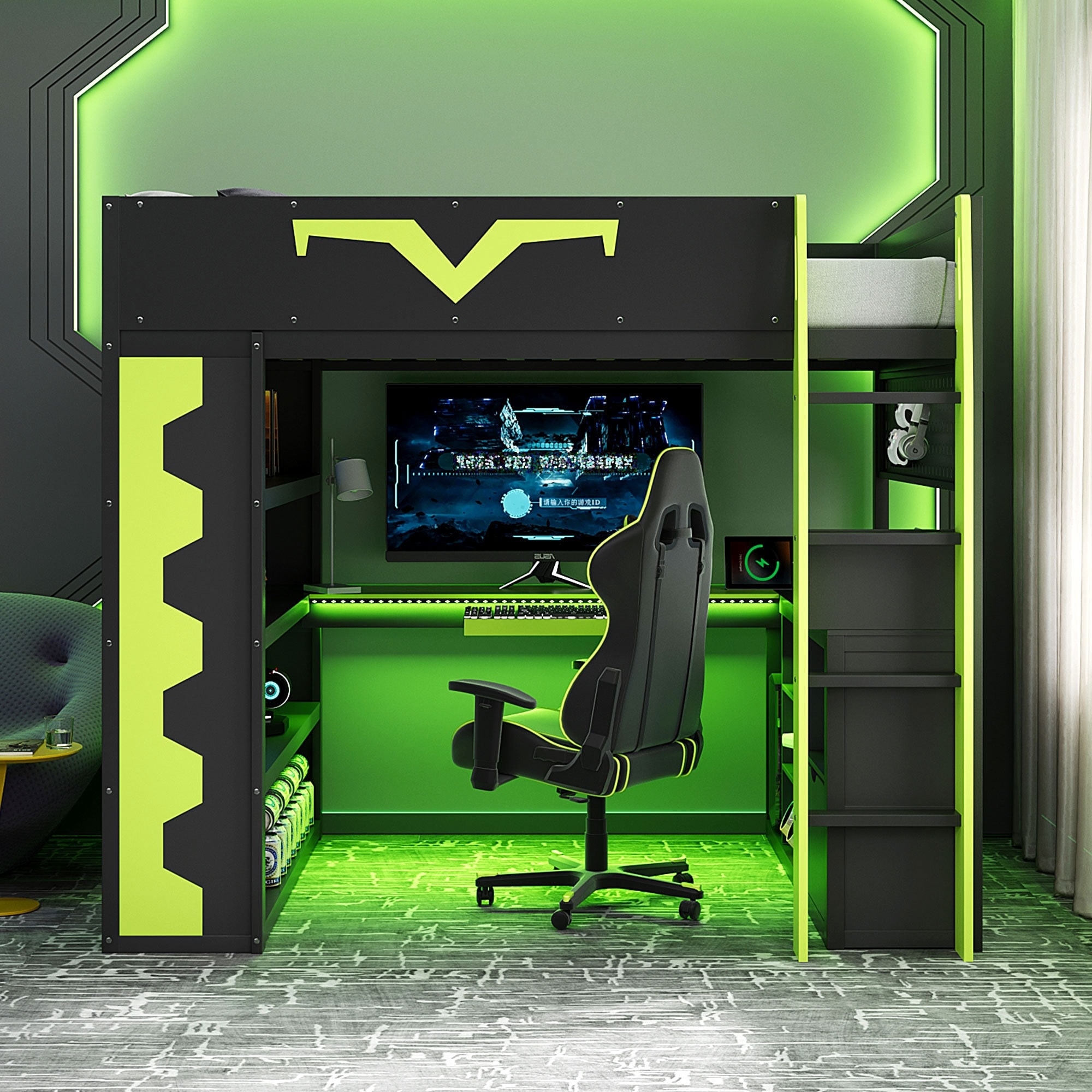 Roomfitters Full Wood Gaming Loft Bed, L-Shaped Desk & Power Outlet, Gamer Bed, App-Controlled RGB LEDs & Shelves