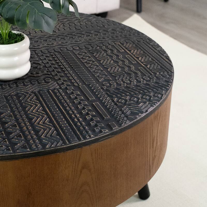 GDFStudio Veyrion Carved Round Coffee Table with Storage and Mid-Century Modern Design