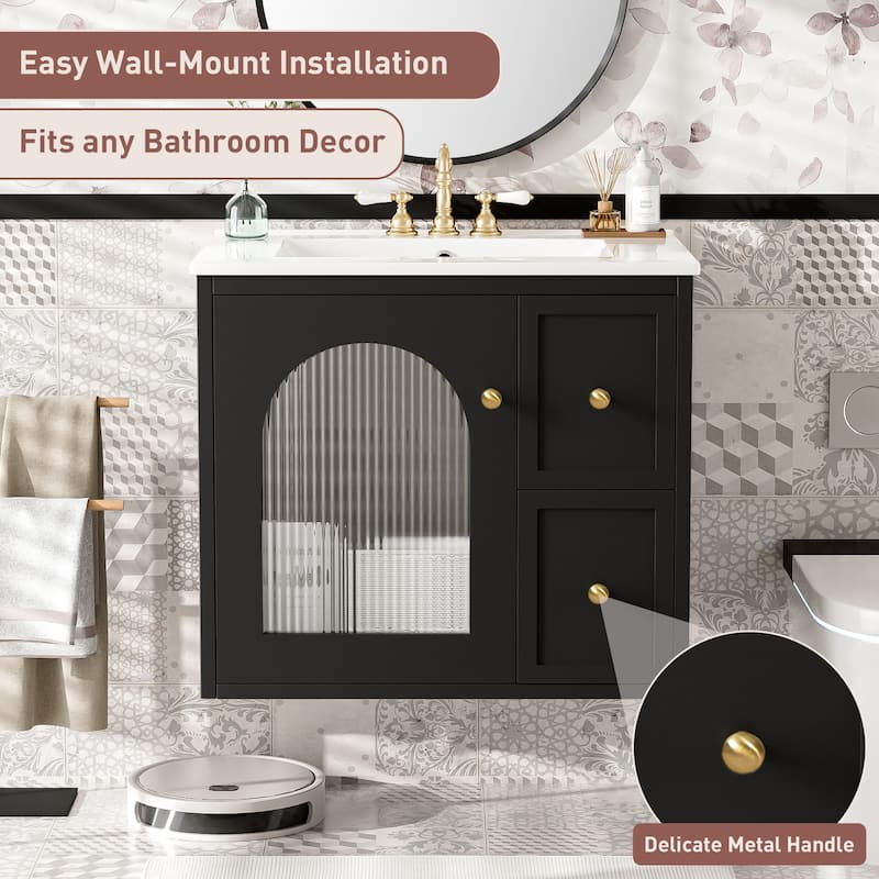 Modern 24 Inch Bathroom Vanity with Sink, Floating Cabinet with Storage Drawers and Glass-Door Compartment