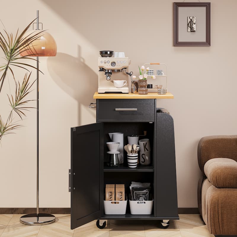 Rolling Kitchen Island with Storage Cabinet & Spice Rack & Drawer – Rubber Wood Top