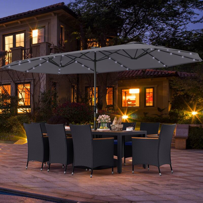 Gymax 11 PCS Patio Dining Set w/ 15ft Double-Sided Patio Umbrella