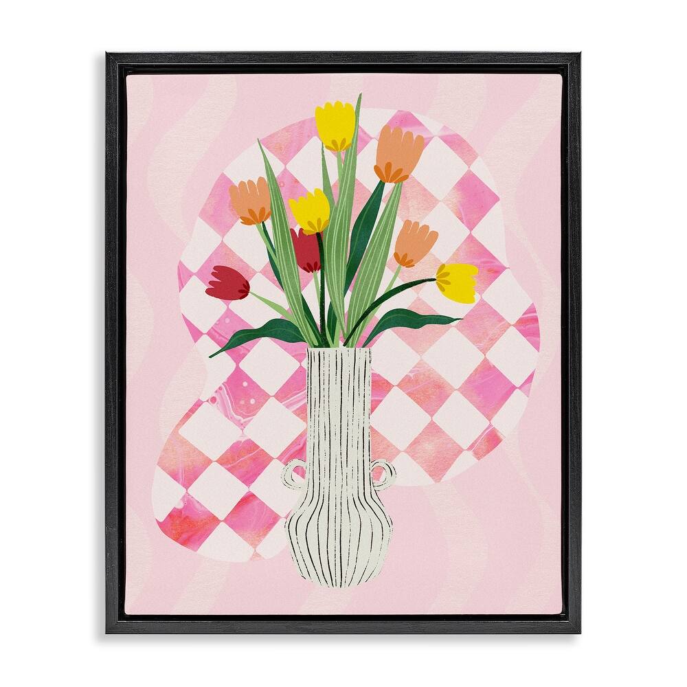 Stupell Yellow Tulip Vase on Checkered Framed Floater Canvas Wall Art Design By Ziwei Li
