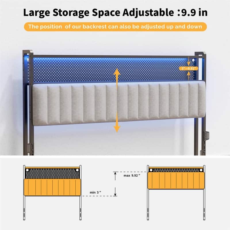 Adjustable Upholstered Headboard with 2 Tier Shelves with Charging Stations and LED Lights, Modern Bed Headboard with Storage