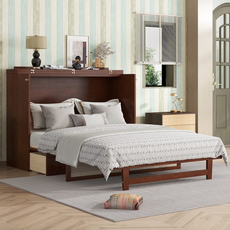 Pine Wood Cabinet Bed with Rattan Decoration and Storage Drawer - Walnut - Queen
