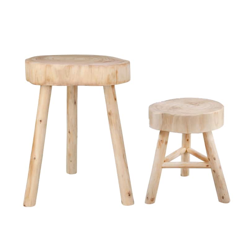 16"H Wooden Stool with Live-Edge Round Top and Triangle Footrest Base, Natural Finish Perfect for Extra
