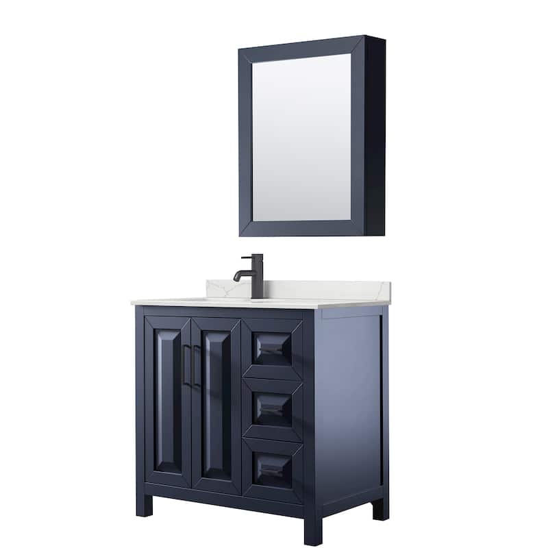 Daria 36-inch Single Vanity, Single Hole Quartz Top, Med Cabinet - Dark Blue, Black Trim, Giotto Quartz Top