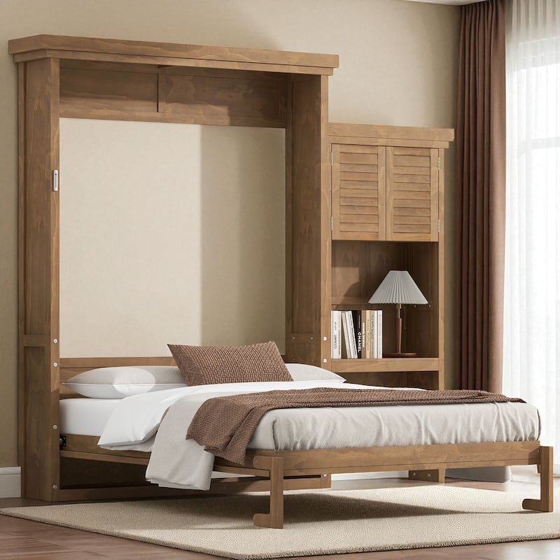 Queen Murphy Wall Bed with Storage Shelves, Louvered Design, Solid Pine/MDF, 600 lb Capacity, 8-10 in Mattress