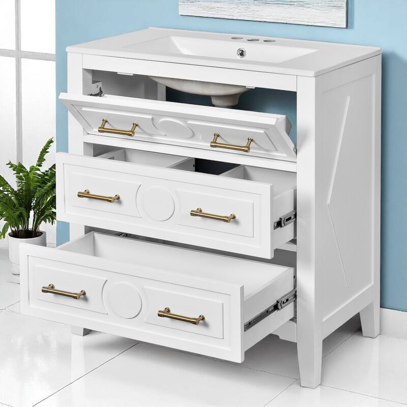 30" Bathroom Vanity with Ceramic Sink, 3 Drawers, Solid Wood Frame,Retro Cabinet, Pre-Drilled for 4" Faucet, Storage Organizer