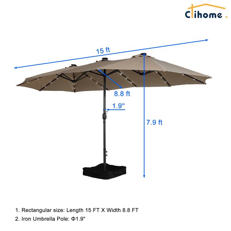 Clihome 15FT Double-Sided Solar Light Market Crank Umbrella with Base