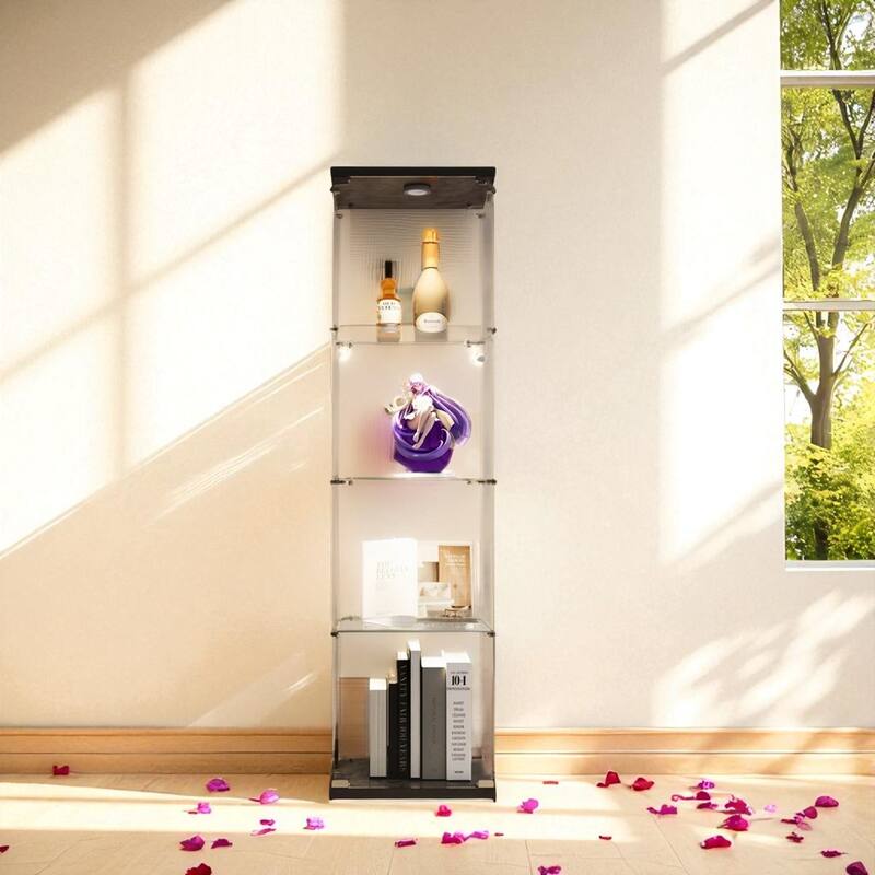 64" Lighted Glass Display Cabinet with One Door, 4 Shelves Tempered Glass Showcase Storage