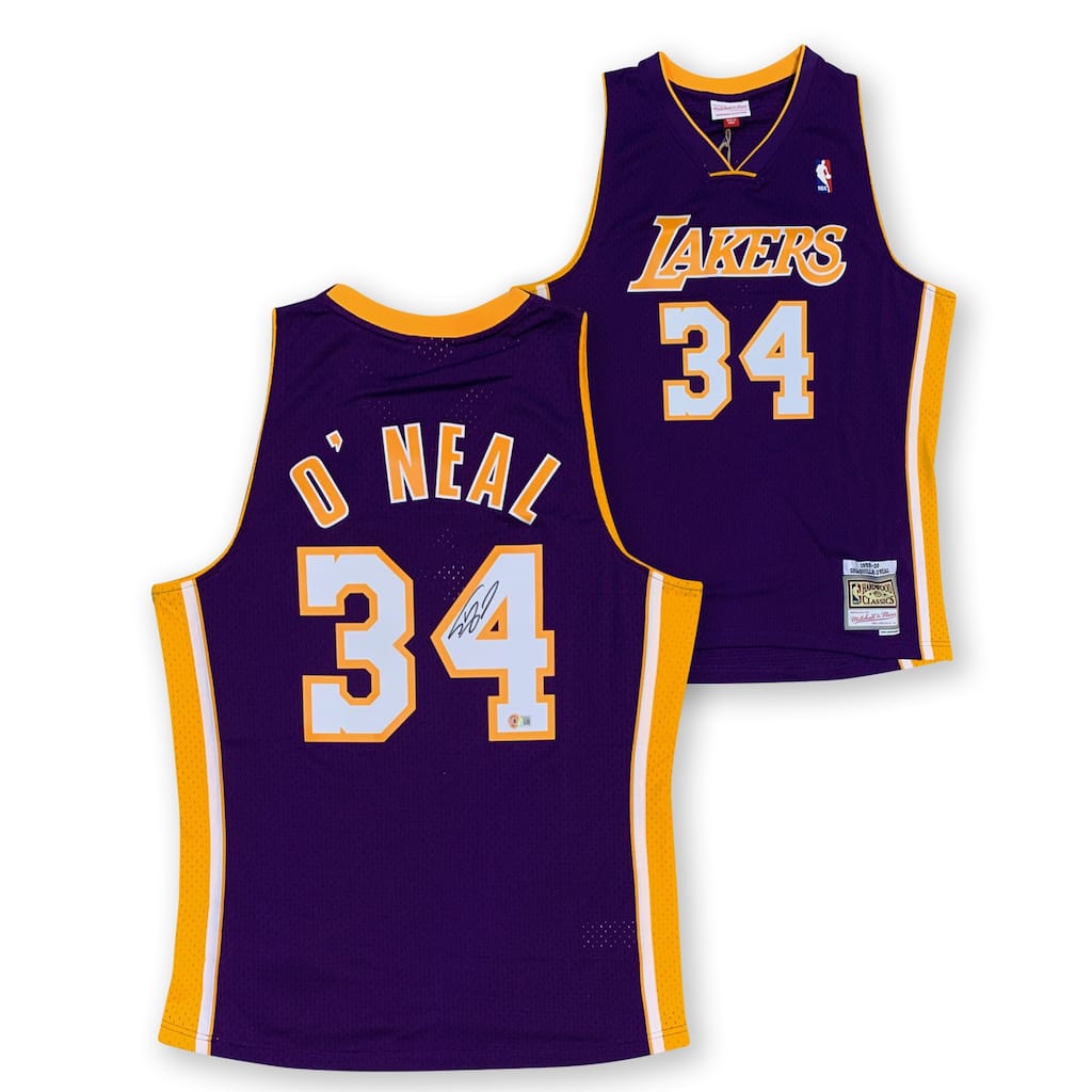 Shaquille O'Neal Autographed Los Angeles Lakers Signed Mitchell and Ness Basketball Jersey Beckett COA Purple - 8'6" x 11'6"
