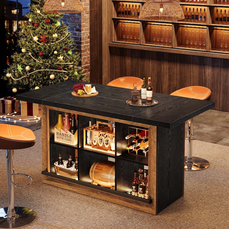 Counter Height Bar Table with Storage, Home Bar Cabinet Unit, Large Pub Table Kitchen Dining Room Accent Bar Console