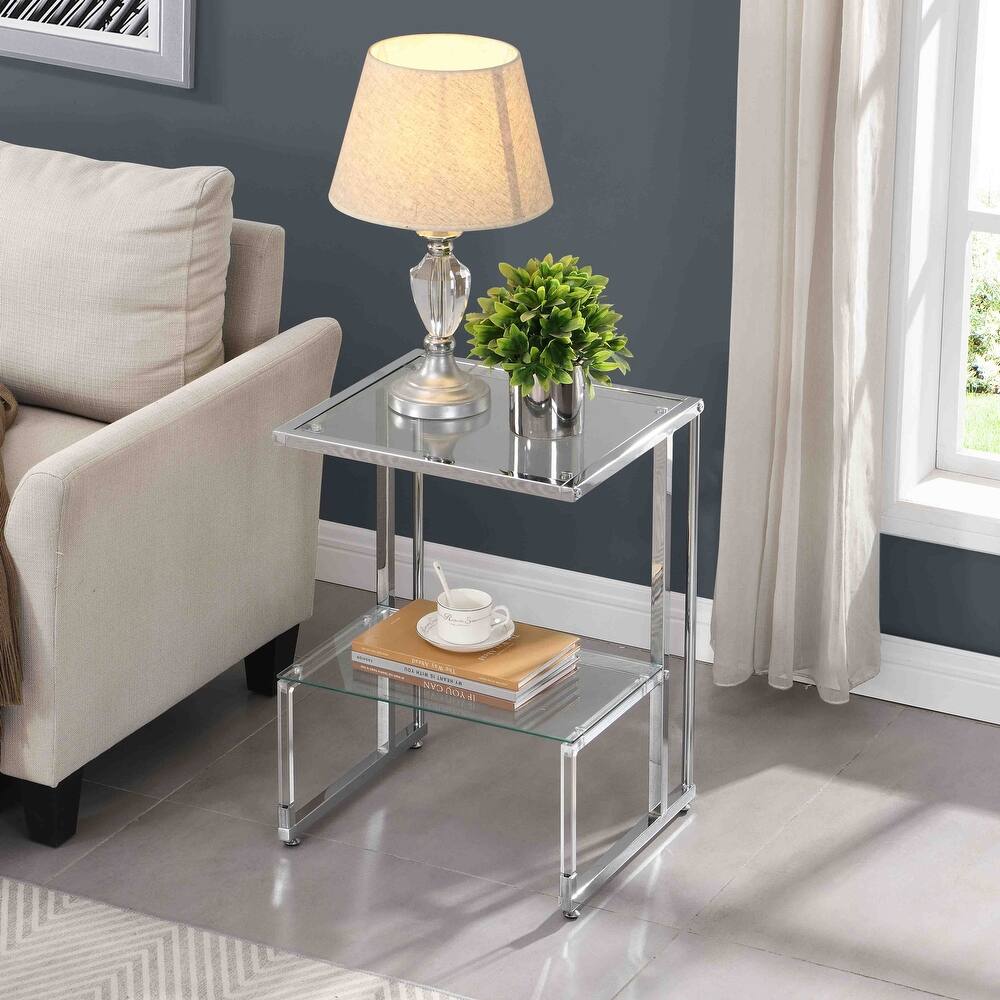 Modern Side Table, 2-Tier Acrylic Glass End Table for Living Room&Bedroom