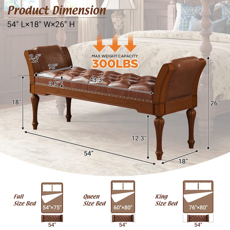 Christopher Knight Home - Mid-Century Classic Sleek Button-Tufted PU Leather Upholstered End-of-Bed Bench with Rolled Arms