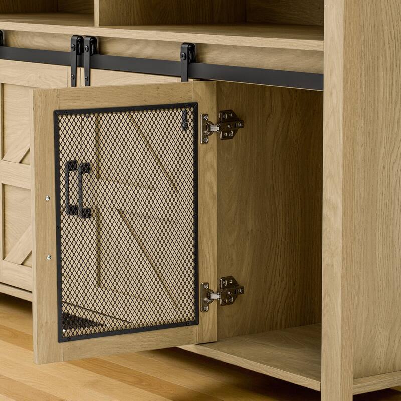 59.3" Farmhouse Sideboard with Sliding Barn Doors & Mesh Panels, Buffet Cabinet with Open Storage for Kitchen or Living Room