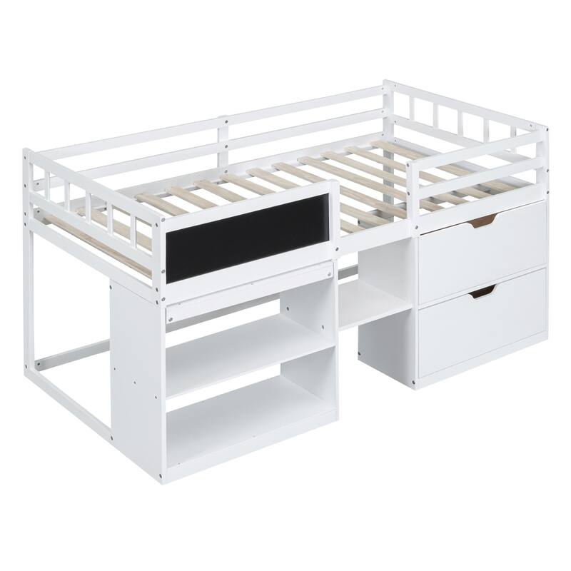 Twin Size Low Loft Bed with Rolling Desk, Shelves, and Drawers - Space Saving Design