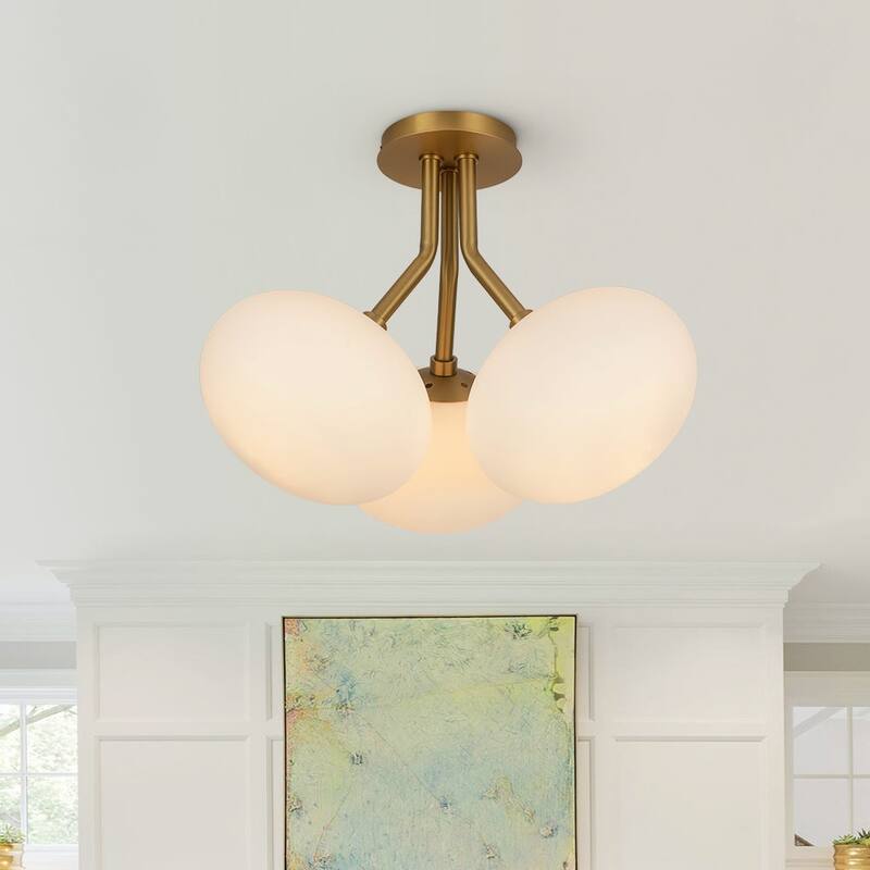 Mid-Century 3-Light Opal Glass Globe Semi Flush Ceiling Light - Brass