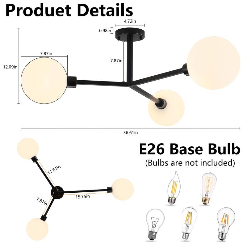 3-Light Semi Flush Mount Ceiling Light with Frosted Glass Shade