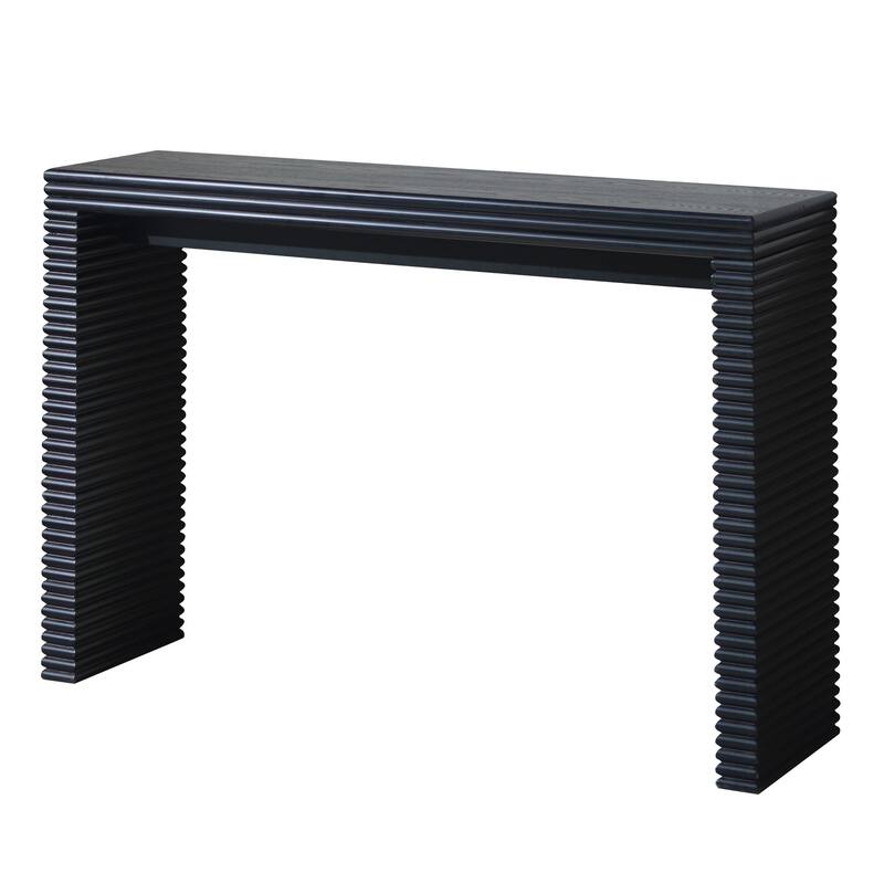 Modern Black Ribbed Design Console Table with Wood Grain Tabletop, Sleek Entryway Table Living Room Accent Table