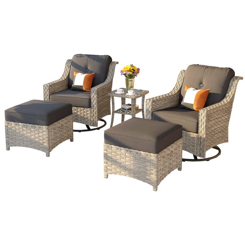 OVIOS 5 Pieces Outdoor Wicker Curved Swivel Chair Set With Ottoman