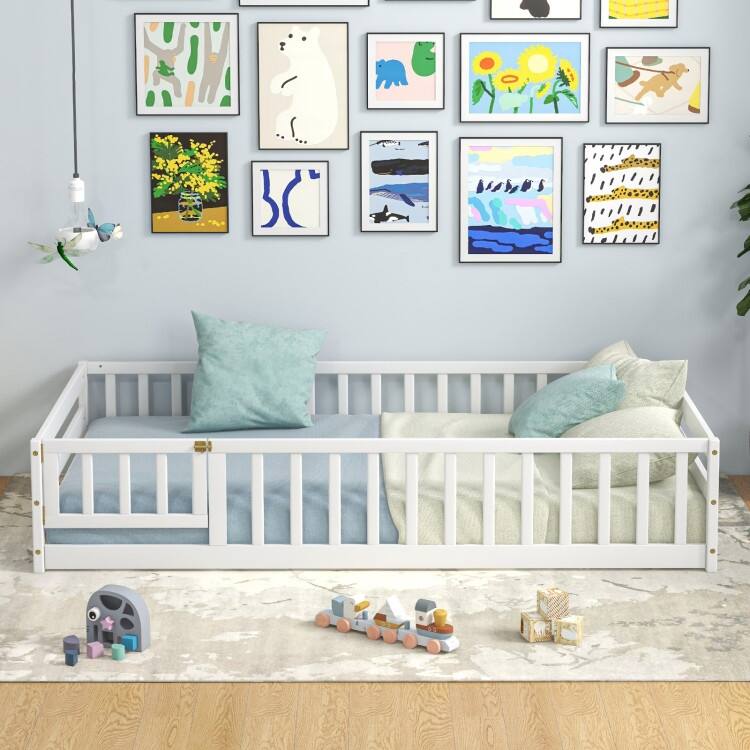 Twin Size Kids Wood Montessori Floor Bed with Door and Fence