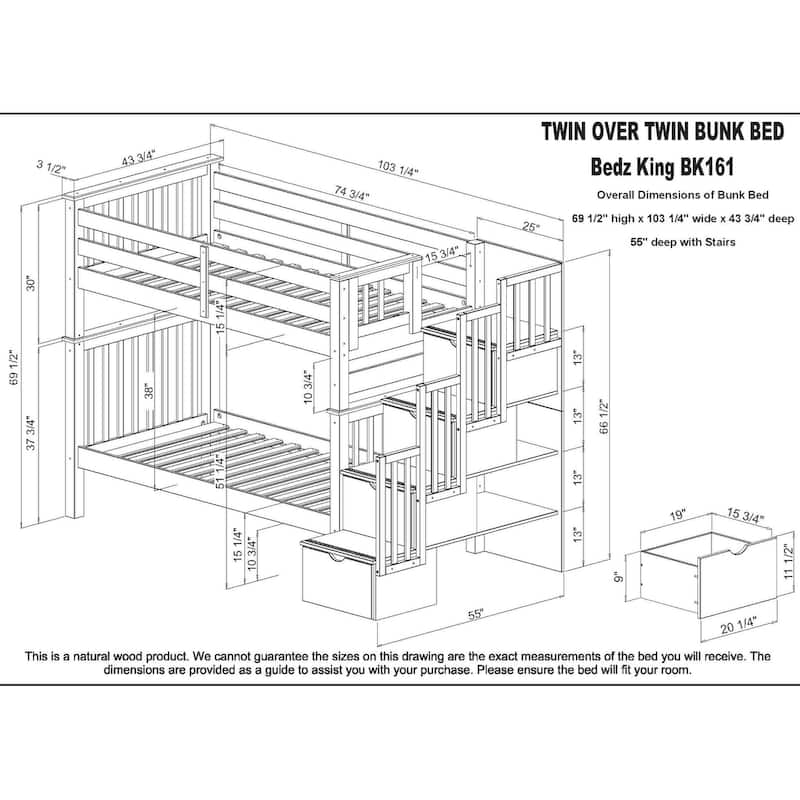 Taylor & Olive Trillium Tall Twin over Twin Stairway Bunk Bed, Trundle