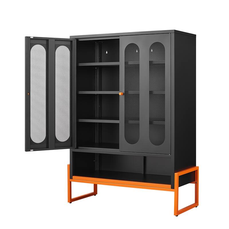 Modern Metal Shoe Cabinet with Adjustable Mesh Doors and High Foot - Black