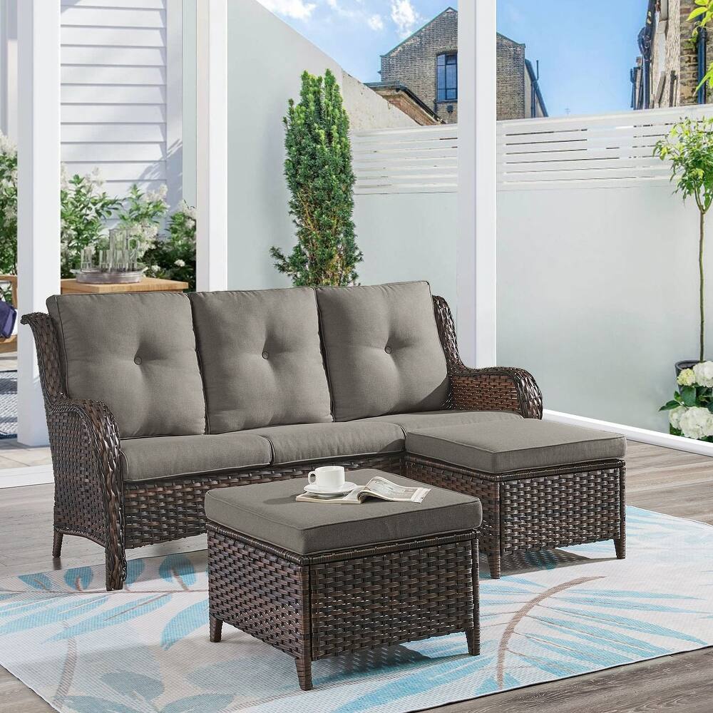 Gymojoy 3-Piece Outdoor Wicker Patio Furniture with 3 Seat Sofa, Rattan Coversation Set with Water Resistant Thick Cushions