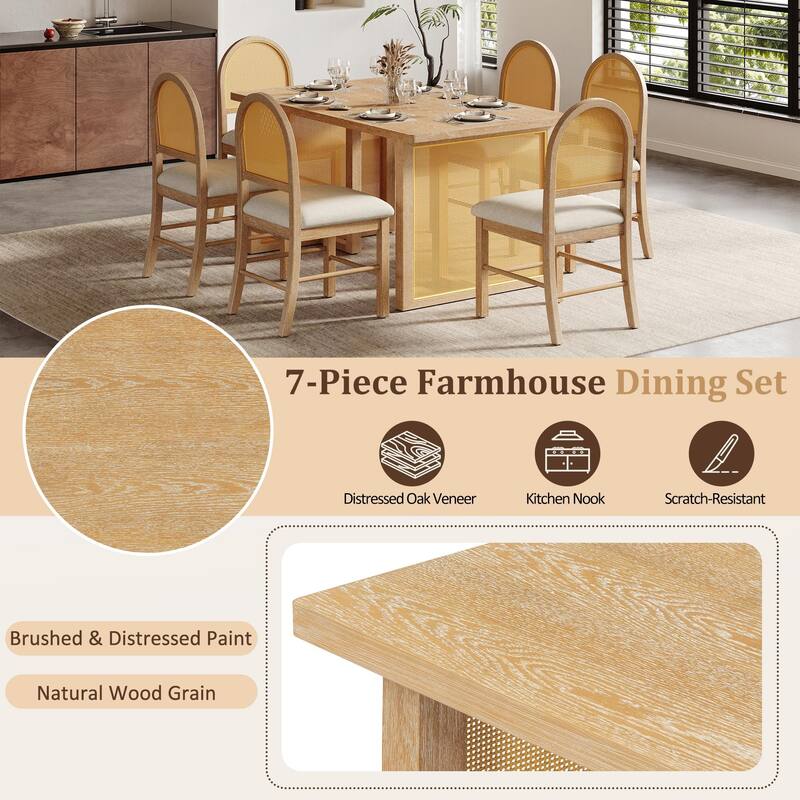 7-Piece Farmhouse Dining Table Set for 6 - 59.8" Rectangular Table with Distressed Oak Veneer & 6 Rattan Chairs