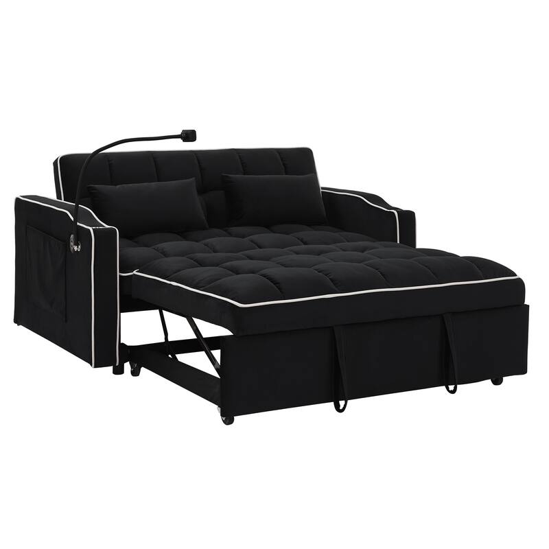 55.51 inch versatile foldable sofa bed in 3 lengths modern sofa velvet pull-out bed, adjustable back USB port swivel phone stand