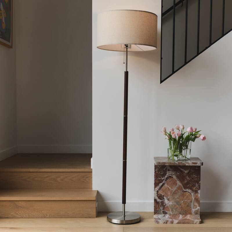 Brightech Carter 65 in. Walnut Brown Mid-Century Modern LED Super Bright Floor Lamp with Beige Fabric Drum Shade
