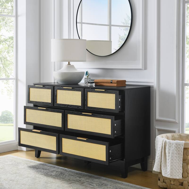 Modern Rattan Dressing Wooden Storage Cabinet with 7 Spacious Drawers, for Bedroom, Living Room and Hallway