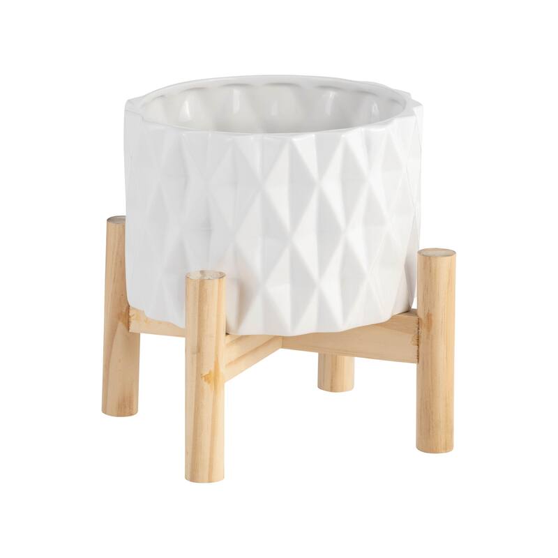 Sagebrook Home Ceramic Planter on Pine Wood Stand - Enhance Your Living Space - Garden Chic Decor - White