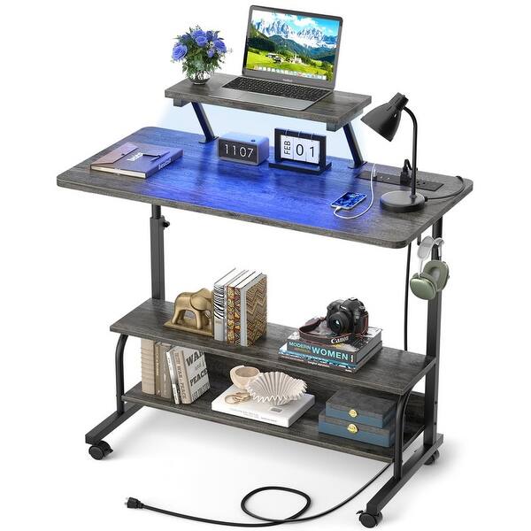 slide 2 of 8, Height Adjustable Standing Desk with Power Outlets and LED Lights Grey