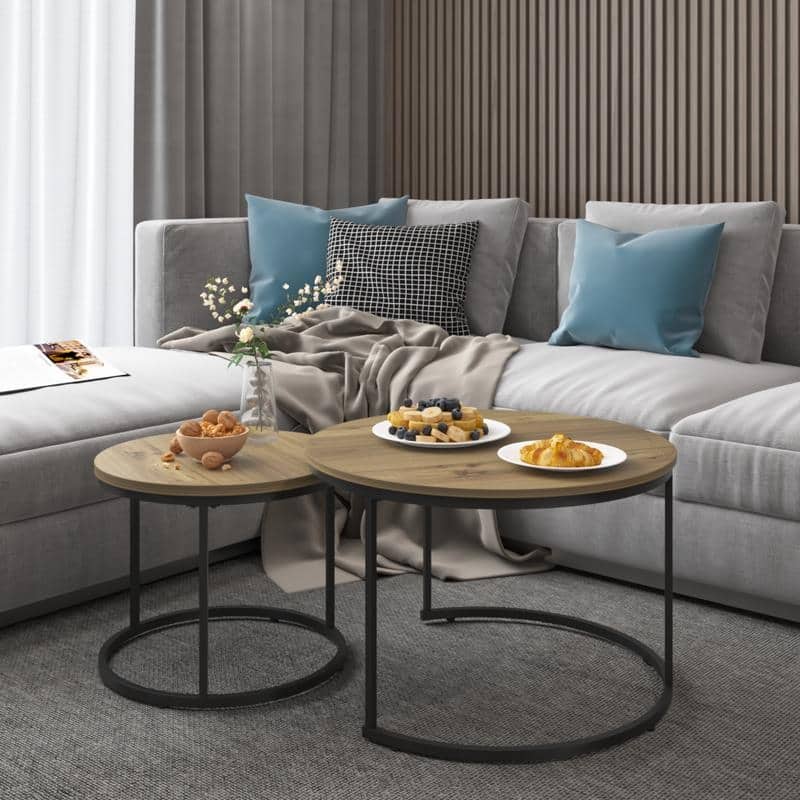 Round Nesting Coffee Table Set of 2 with Marble Pattern Top & Metal Frame